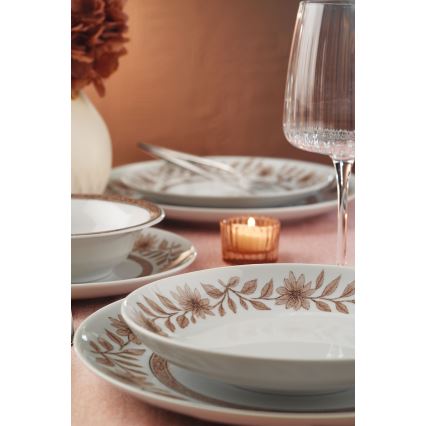 Service de table 24 pièces en porcelaine, blanc/marron
