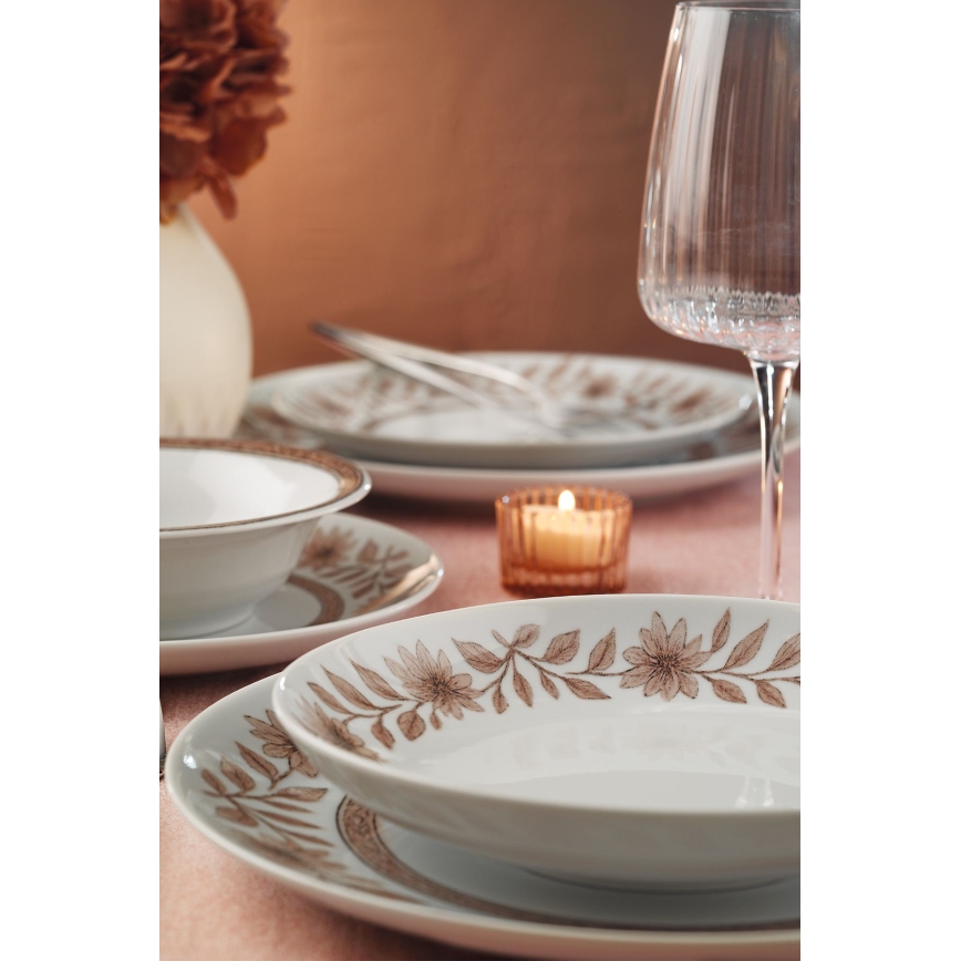 Service de table 24 pièces en porcelaine, blanc/marron