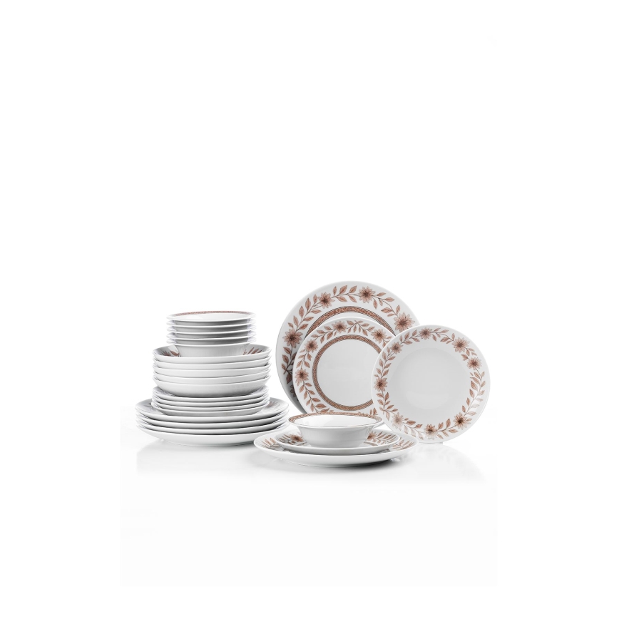 Service de table 24 pièces en porcelaine, blanc/marron