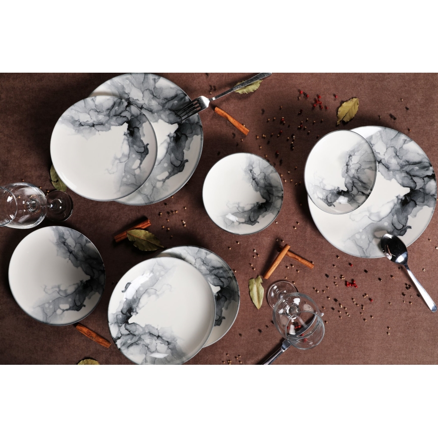 Service de table 24 pièces, en porcelaine, blanc/noir