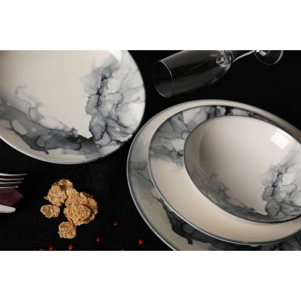 Service de table 24 pièces, en porcelaine, blanc/noir