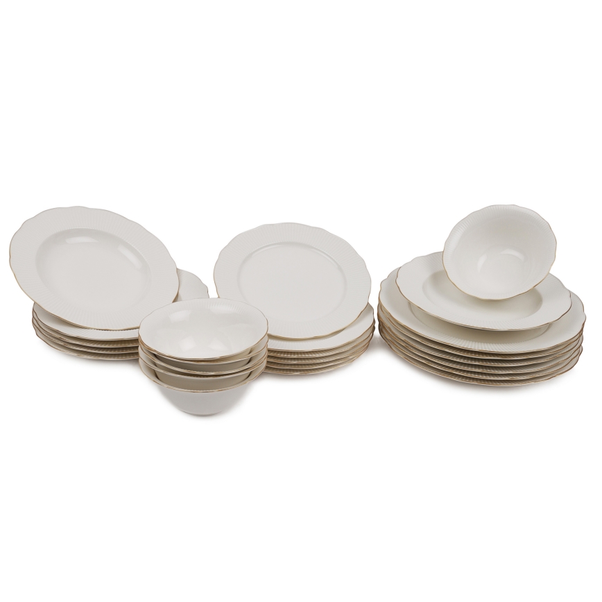 Service de table 24 pièces en porcelaine blanche avec finitions dorées