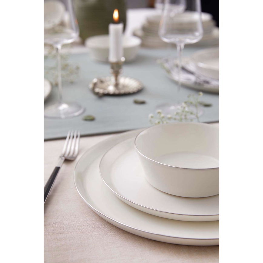 Service de table 24 pièces en porcelaine blanche, finition argentée