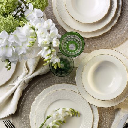 Service de table 24 pièces en porcelaine blanche, finitions dorées