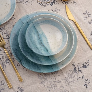 Service de table 24 pièces en porcelaine, bleu/crème