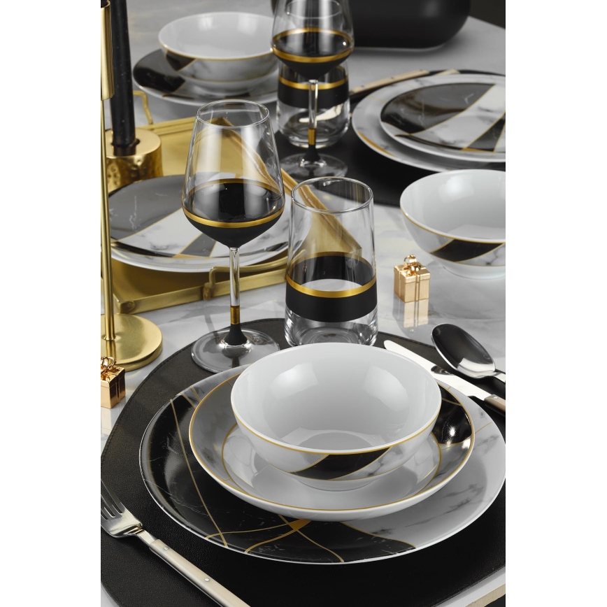 Service de table 24 pièces en porcelaine, noir/blanc/doré