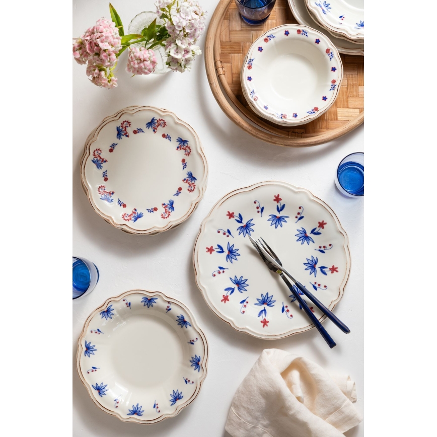 Service de table 24 pièces en porcelaine — blanc, bleu et rouge