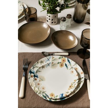 Service de table 24 pièces, multicolore/marron, en porcelaine