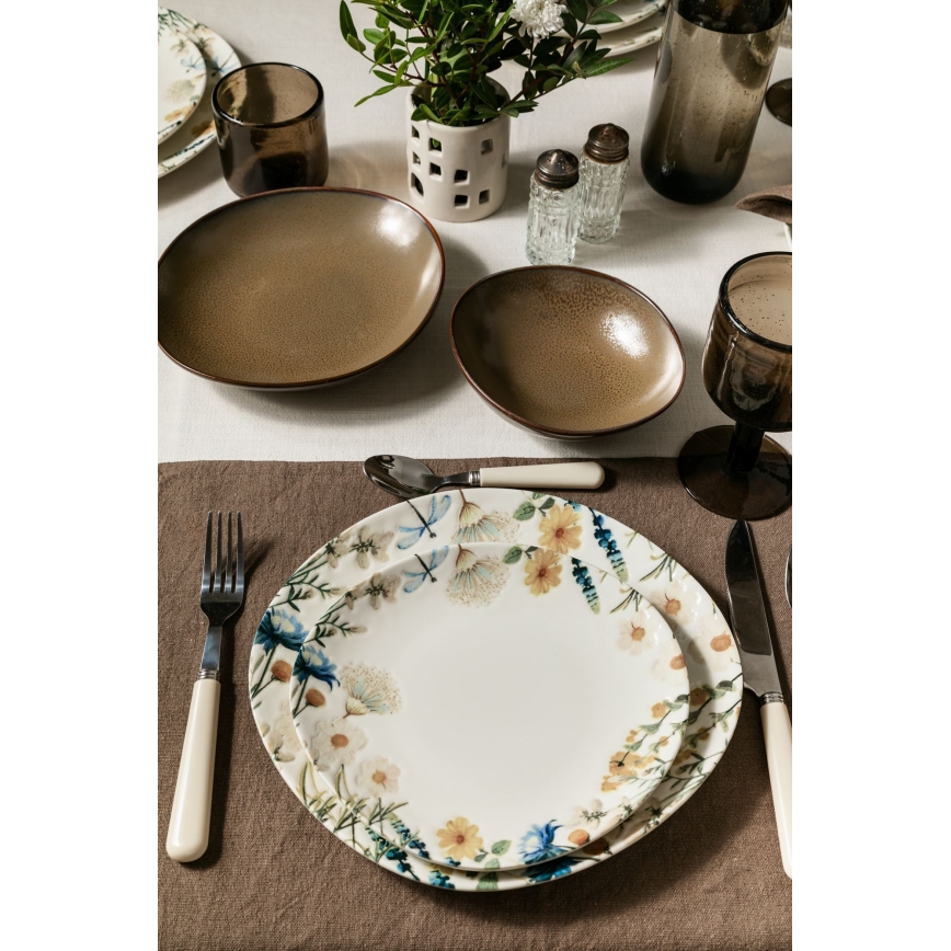 Service de table 24 pièces, multicolore/marron, en porcelaine