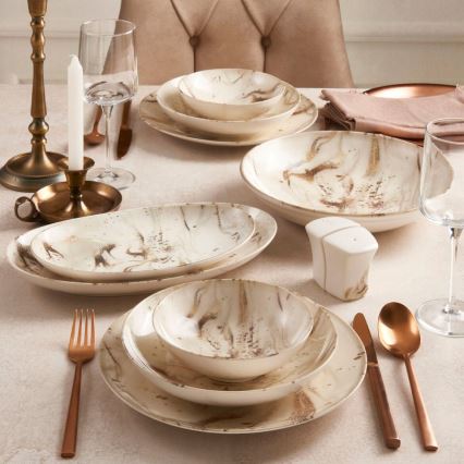 Service de table 26 pièces, beige/marron, en porcelaine