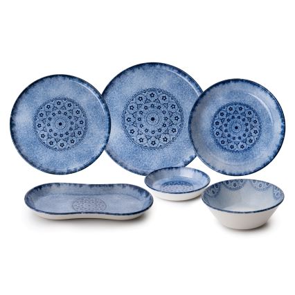 Service de table 27 pièces, bleu, en porcelaine