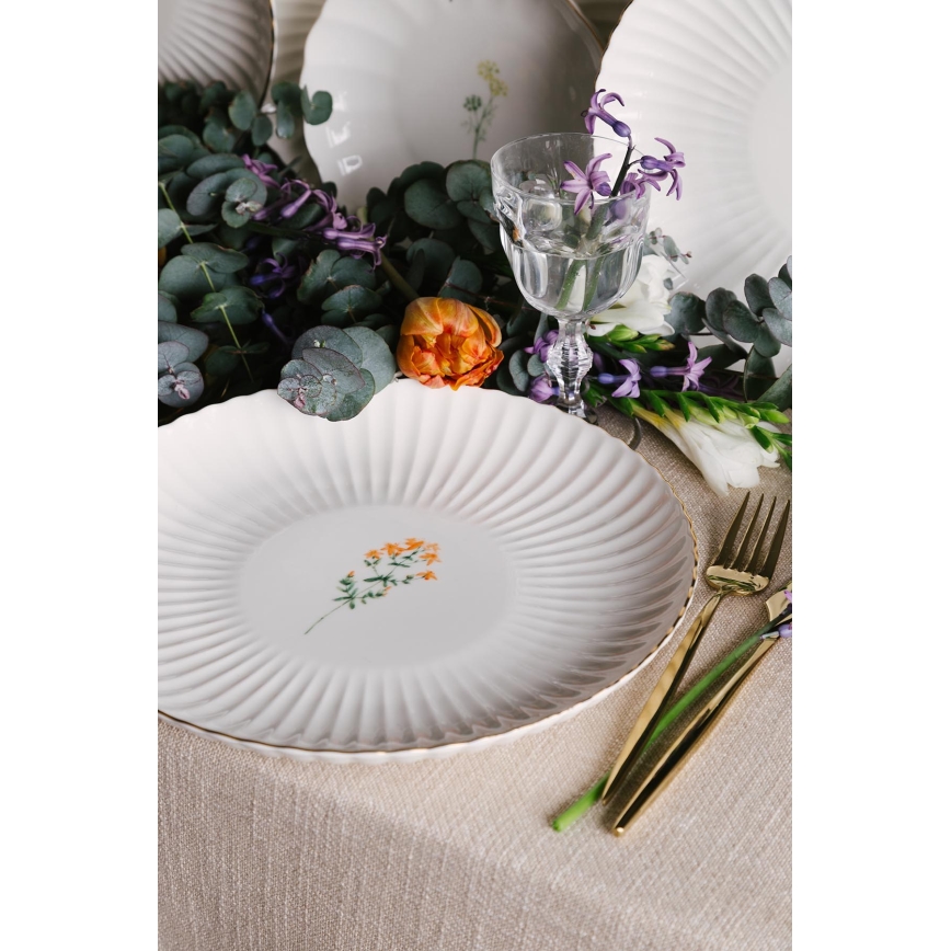 Service de table 27 pièces en porcelaine, blanc et doré