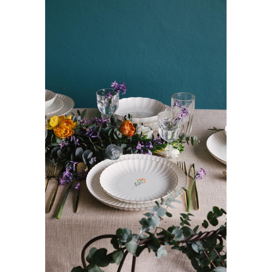 Service de table 27 pièces en porcelaine, blanc et doré