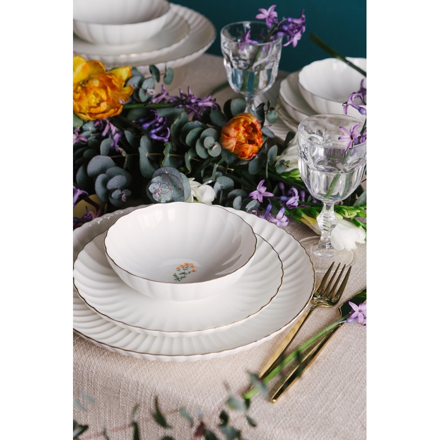 Service de table 27 pièces en porcelaine, blanc et doré