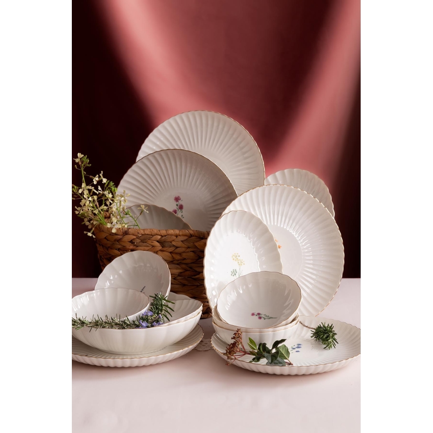 Service de table 27 pièces en porcelaine, blanc et doré