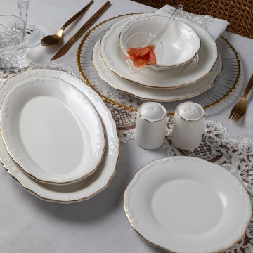 Service de table 53 pièces en porcelaine, blanc et doré