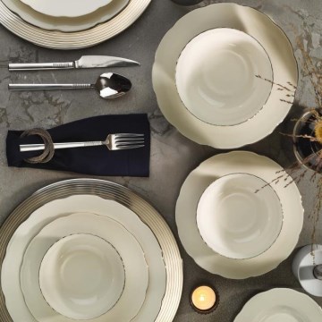 Service de table 54 pièces blanc/argent/ivoire en porcelaine fine (Bone China)