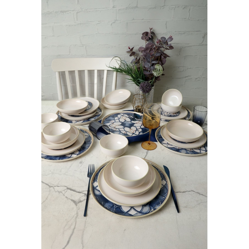 Service de vaisselle 24 pièces, blanc/bleu, en céramique
