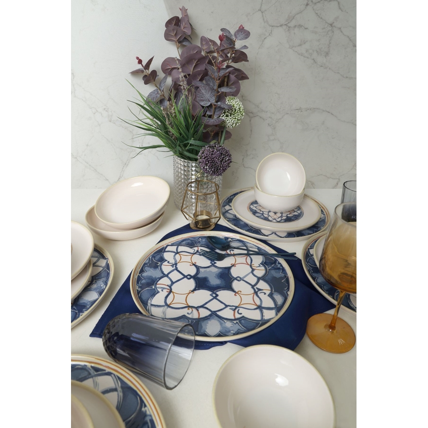 Service de vaisselle 24 pièces, blanc/bleu, en céramique