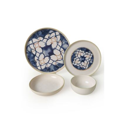 Service de vaisselle 24 pièces, blanc/bleu, en céramique