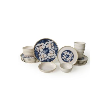 Service de vaisselle 24 pièces, blanc/bleu, en céramique