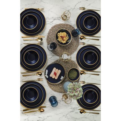 Serviesset 24-delig, blauw met gouden accenten, van keramiek