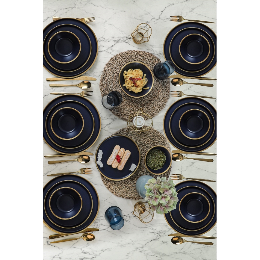 Serviesset 24-delig, blauw met gouden accenten, van keramiek