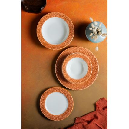 Serviesset 24-delig, wit/oranje, porselein