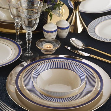 Serviesset 53-delig, wit/blauw/goud, porselein