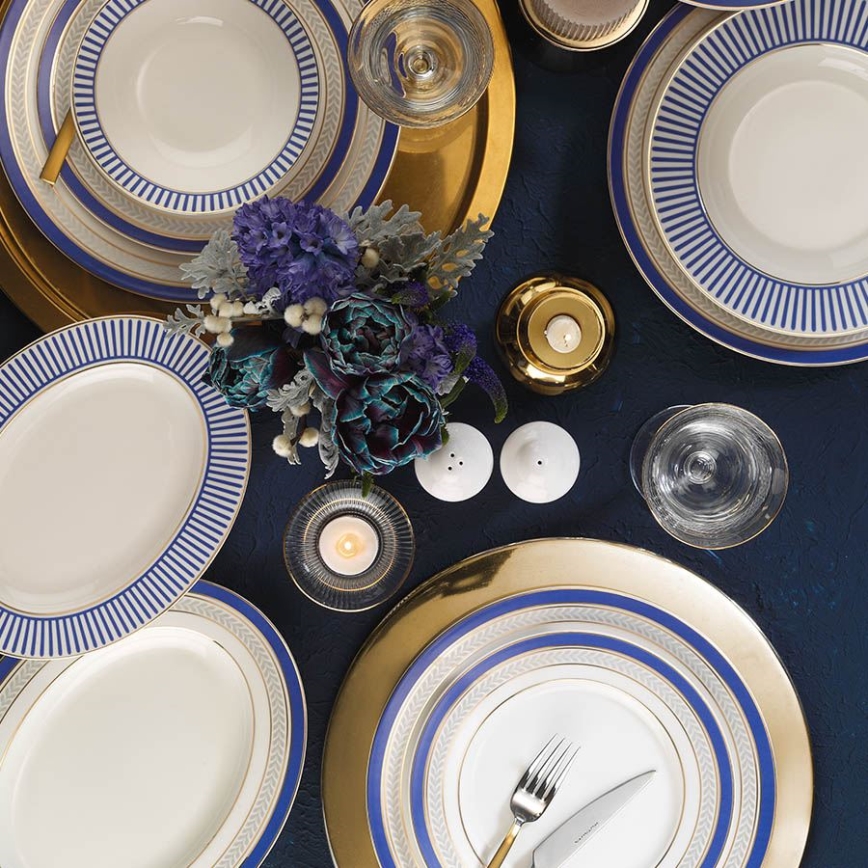 Serviesset 53-delig, wit/blauw/goud, porselein
