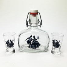 Set 1x glas fles en 2x shotglas doorzichtig met een koppelmotief