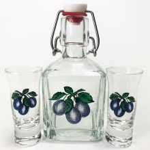 Set 1x glas fles en 2x shotglas doorzichtig met een pruimenmotief
