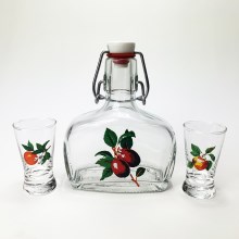Set 1x glas fles en 2x shotglas doorzichtig met fruitmotief