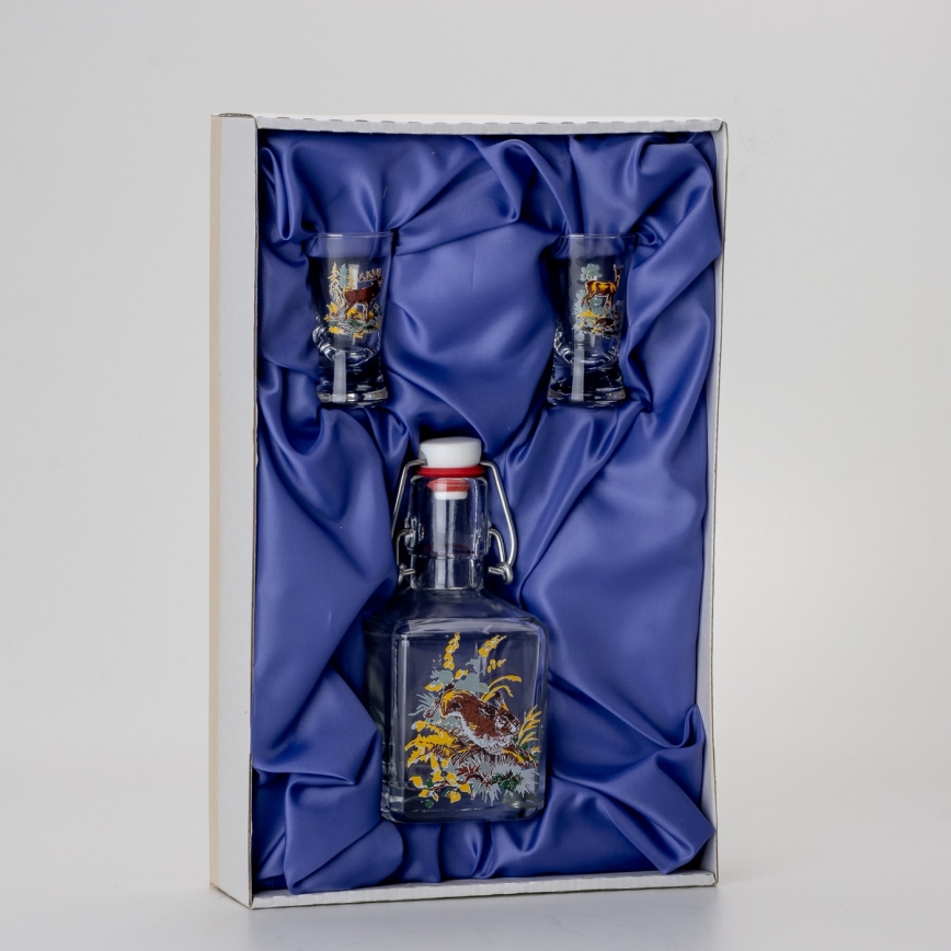 Set 1x glazen fles en 2x shotglas doorzichtig met diermotief - haas