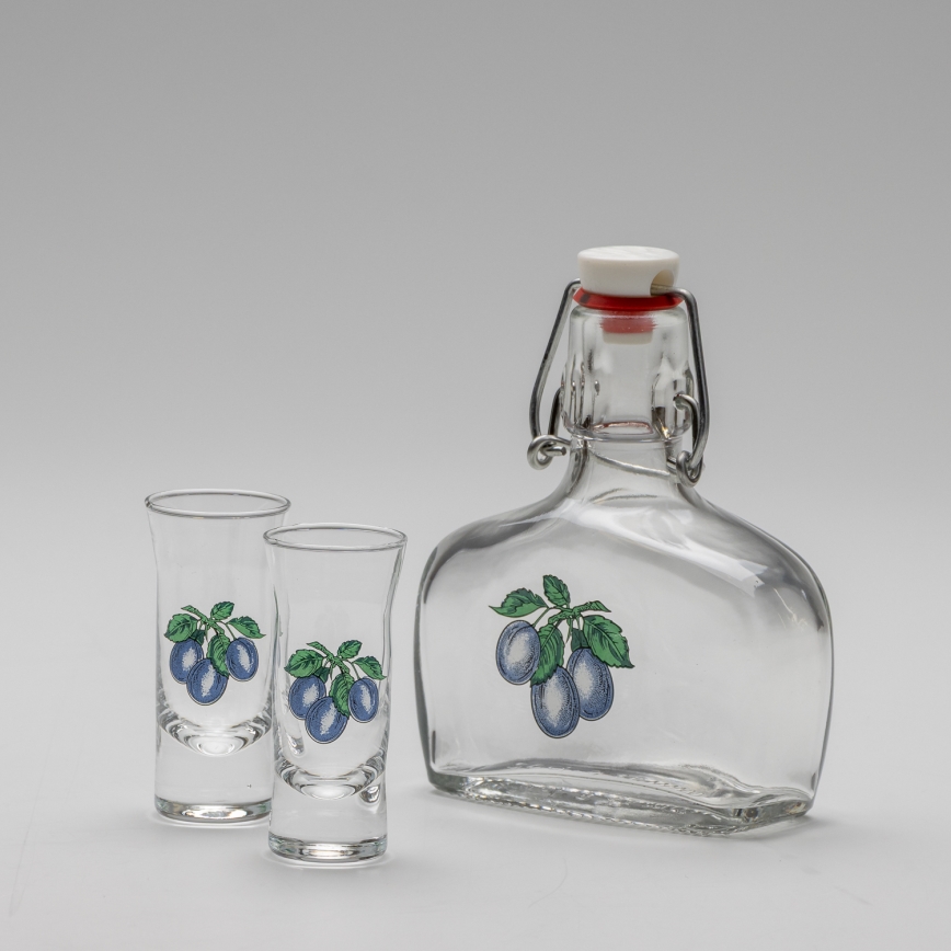 Set 1x glazen fles en 2x shotglas doorzichtig met een pruimenmotief