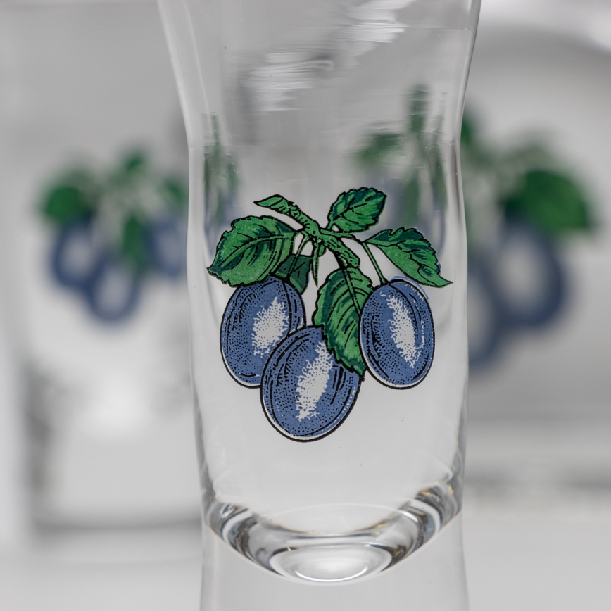 Set 1x glazen fles en 2x shotglas doorzichtig met een pruimenmotief