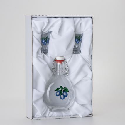Set 1x glazen fles en 2x shotglas doorzichtig met een pruimenmotief