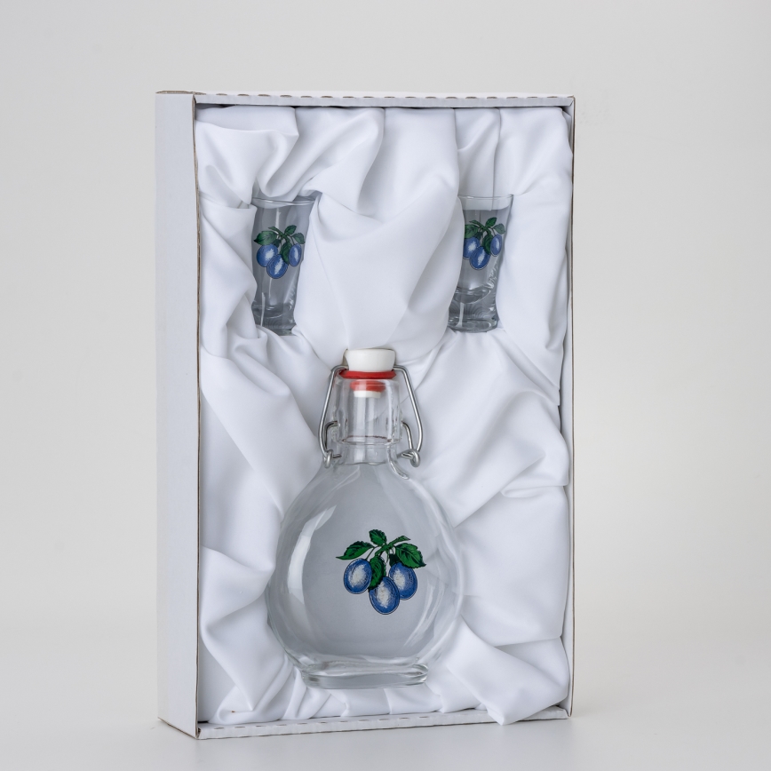 Set 1x glazen fles en 2x shotglas doorzichtig met een pruimenmotief