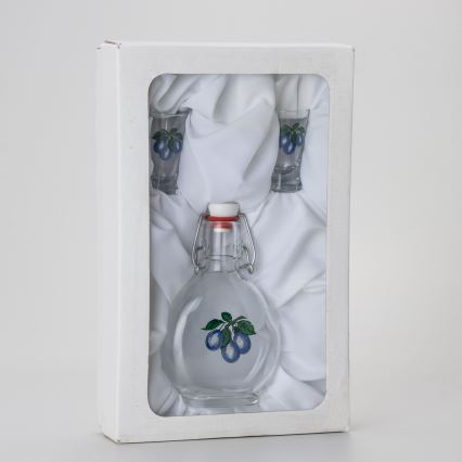 Set 1x glazen fles en 2x shotglas doorzichtig met een pruimenmotief