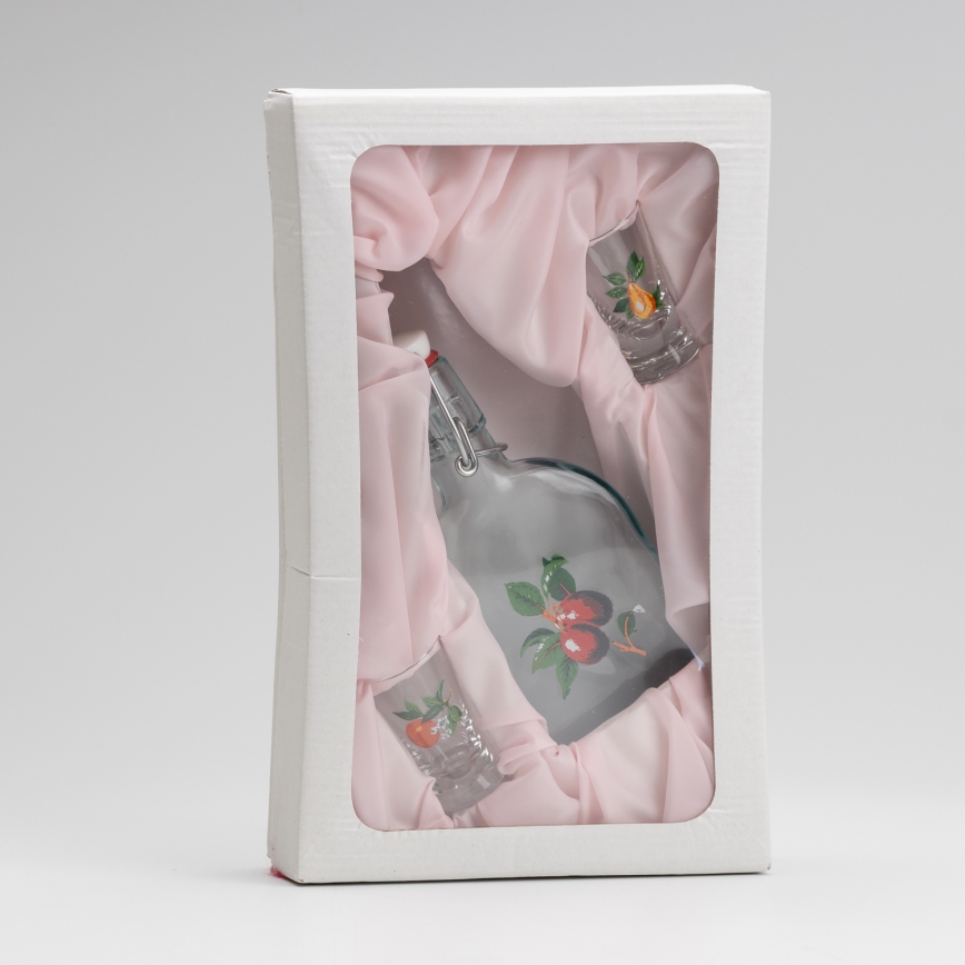 Set 1x glazen fles en 2x shotglas doorzichtig met kersenmotief