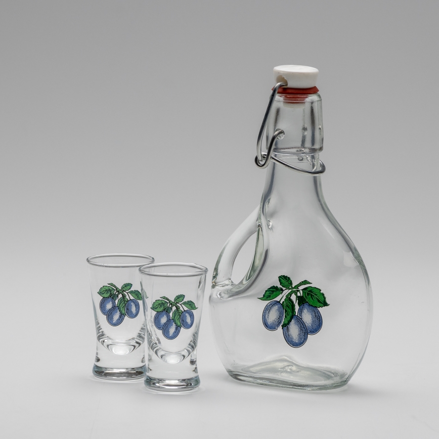 Set 1x grote fles + 2x shotglas doorzichtig met een pruimenmotief