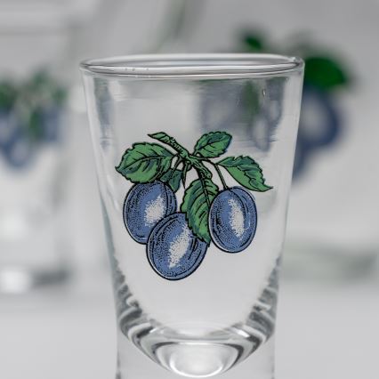 Set 1x grote fles + 2x shotglas doorzichtig met een pruimenmotief