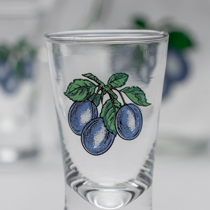 Set 1x grote fles + 2x shotglas doorzichtig met een pruimenmotief