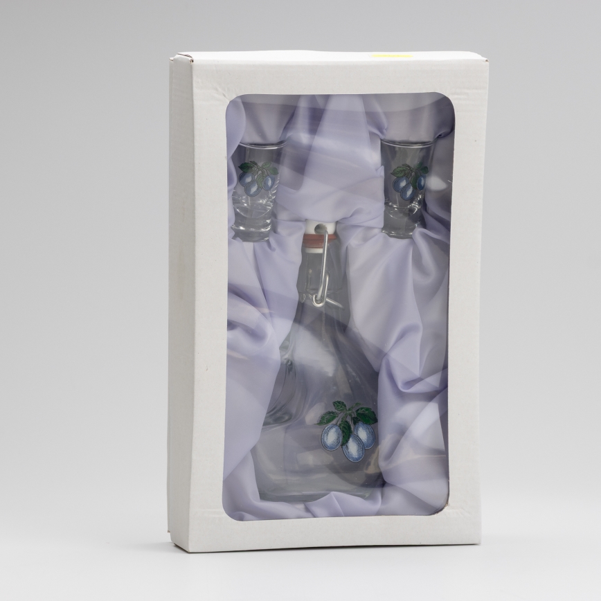 Set 1x grote fles + 2x shotglas doorzichtig met een pruimenmotief