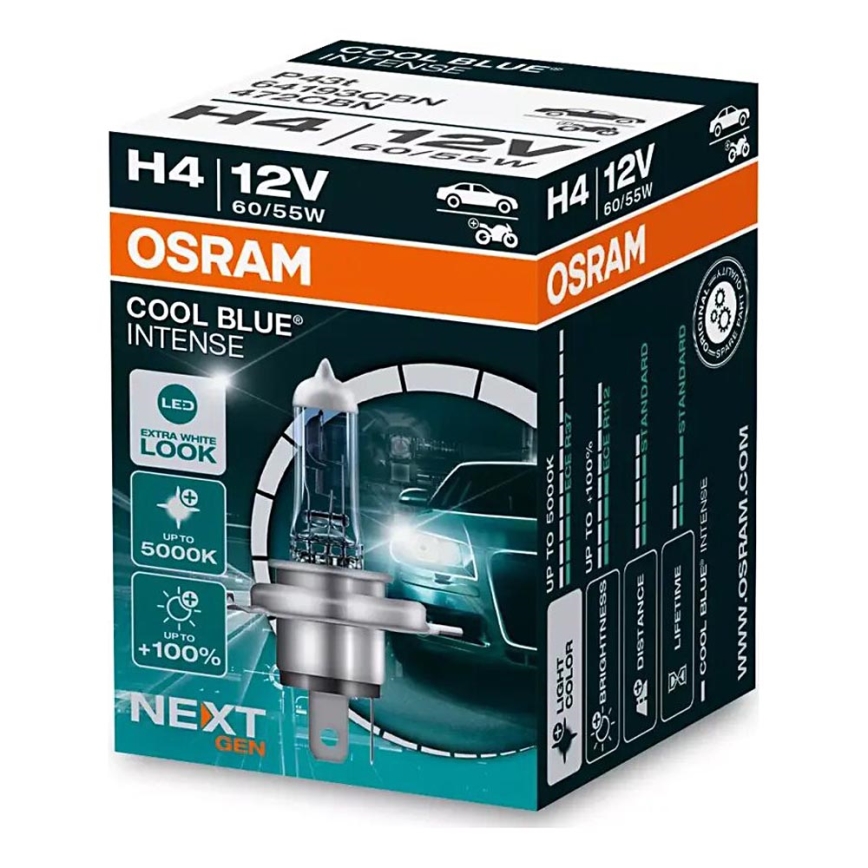 SET 2x Autolamp COOL BLAUW H4 P43t/60/55W/12V 5000K - Osram
