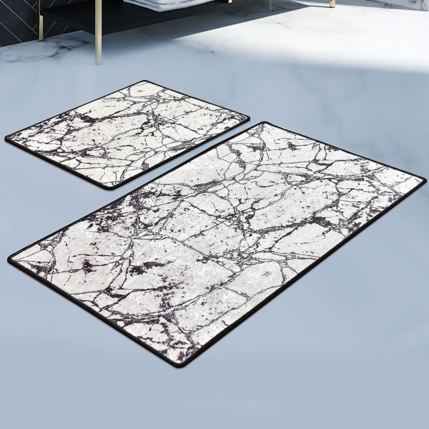 SET 2x Badkamer mat MARBLE 60/100 cm wit/zwart