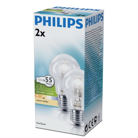 SET 2x Dimbare halogeenlamp E27/42W/230V - Philips
