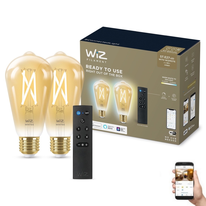 SET 2x Dimbare LED Lamp ST64 E27/7W/230V 2000-5000K CRI 90 Wi-Fi + afstandsbediening - WiZ