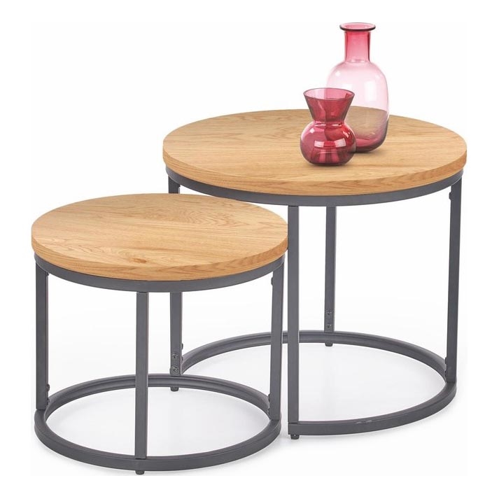 SET 2x Koffie Tafel OREO diameter 43/53 cm antraciet/goud eiken