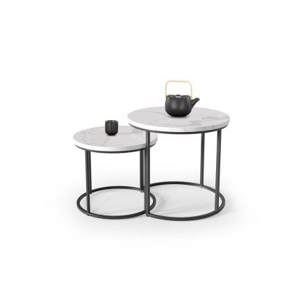 SET 2x Koffie Tafel OREO diameter 43/53 cm zwart/marmeren decor